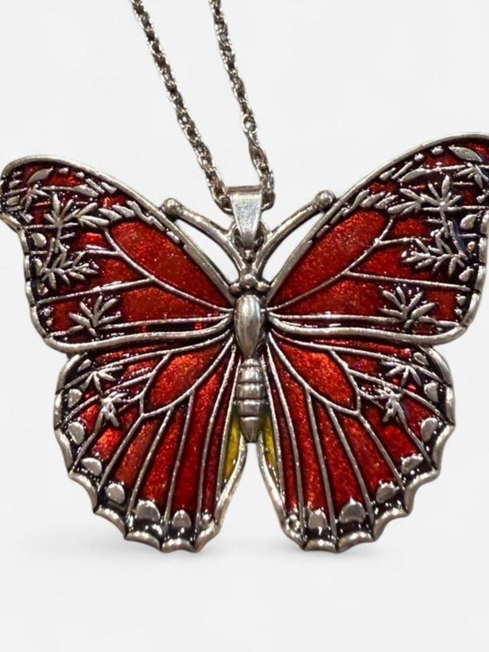 Dark Orange Butterfly Pendant Necklace Silver Tone 16" Chain